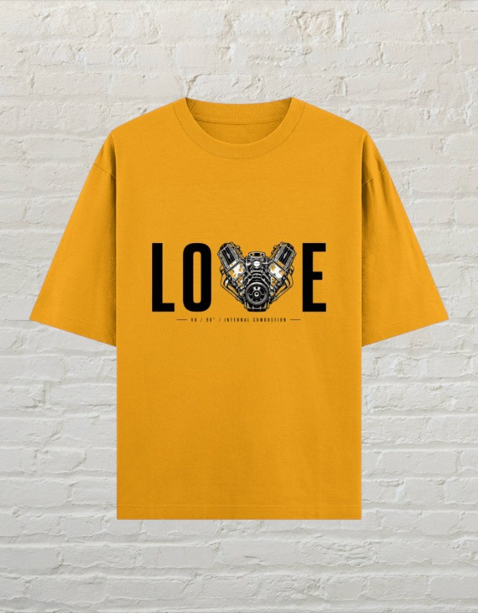 CoreTeez golden yellow unisex oversized cotton t-shirt featuring a V8 engine graphic with the word LOVE