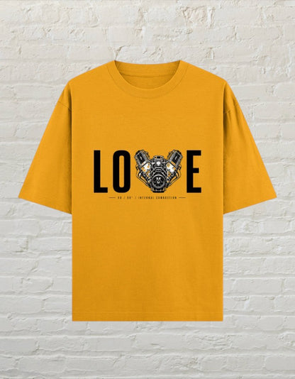 CoreTeez golden yellow unisex oversized cotton t-shirt featuring a V8 engine graphic with the word LOVE