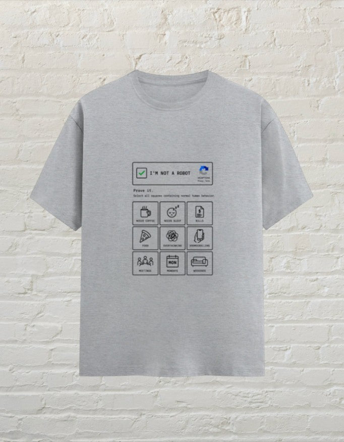 CoreTeez grey melange unisex cotton t-shirt featuring a funny I am not a robot graphic print