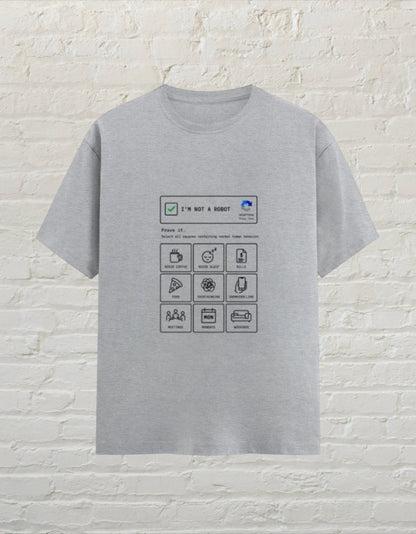 CoreTeez grey melange unisex cotton t-shirt featuring a funny I am not a robot graphic print