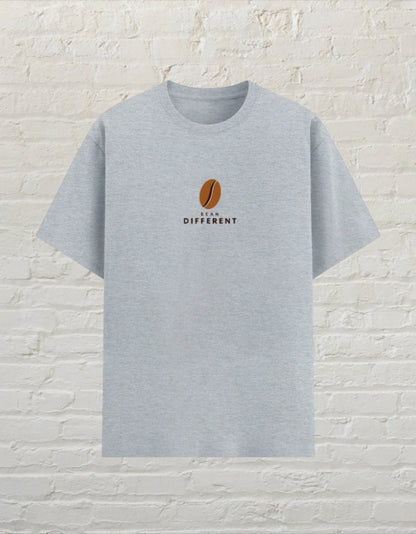 CoreTeez unisex grey melange poly-cotton t-shirt featuring a small brown coffee bean graphic and Bean Different text