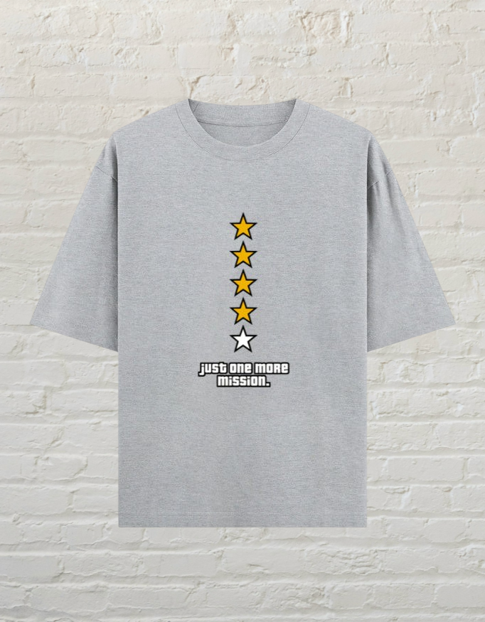 CoreTeez grey melange oversized cotton gaming t-shirt featuring a five-star rating graphic and Just One More Mission text