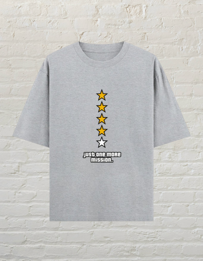 CoreTeez grey melange oversized cotton gaming t-shirt featuring a five-star rating graphic and Just One More Mission text