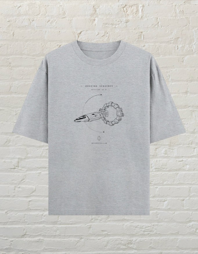 CoreTeez unisex oversized grey melange cotton t-shirt featuring an Interstellar inspired spacecraft graphic print