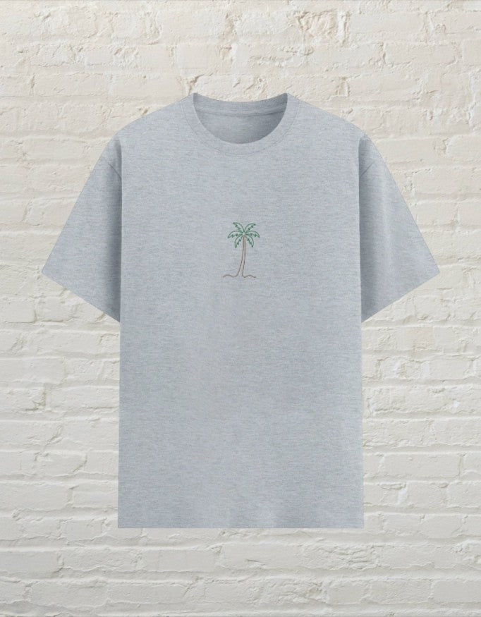 CoreTeez grey melange poly-cotton unisex t-shirt featuring a small minimalist palm tree graphic on the chest
