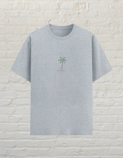 CoreTeez grey melange poly-cotton unisex t-shirt featuring a small minimalist palm tree graphic on the chest