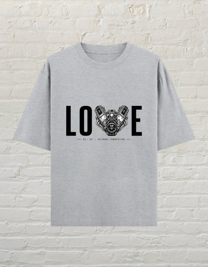 CoreTeez grey melange oversized cotton unisex t-shirt featuring a V8 engine graphic with the word LOVE