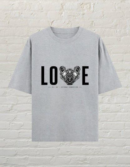 CoreTeez grey melange oversized cotton unisex t-shirt featuring a V8 engine graphic with the word LOVE