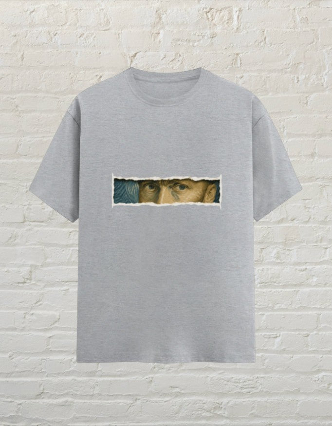 CoreTeez unisex grey melange cotton t-shirt featuring a Van Gogh eye graphic print in a torn paper style