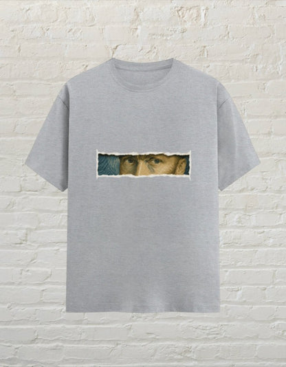 CoreTeez unisex grey melange cotton t-shirt featuring a Van Gogh eye graphic print in a torn paper style