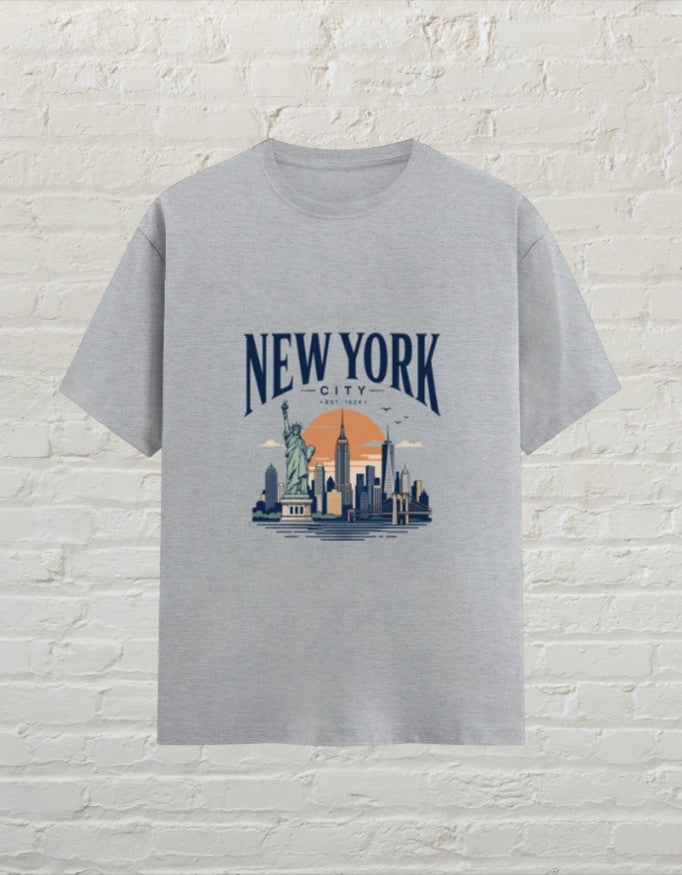 CoreTeez grey melange unisex cotton crew neck t-shirt featuring a New York City skyline graphic print with Statue of Liberty