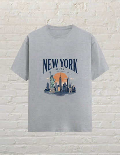 CoreTeez grey melange unisex cotton crew neck t-shirt featuring a New York City skyline graphic print with Statue of Liberty