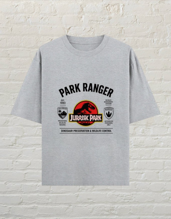 CoreTeez grey melange oversized cotton t-shirt featuring a Jurassic Park Park Ranger graphic print on the chest