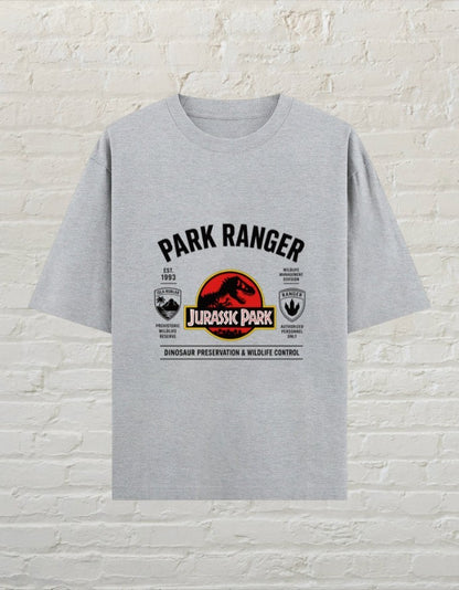 CoreTeez grey melange oversized cotton t-shirt featuring a Jurassic Park Park Ranger graphic print on the chest