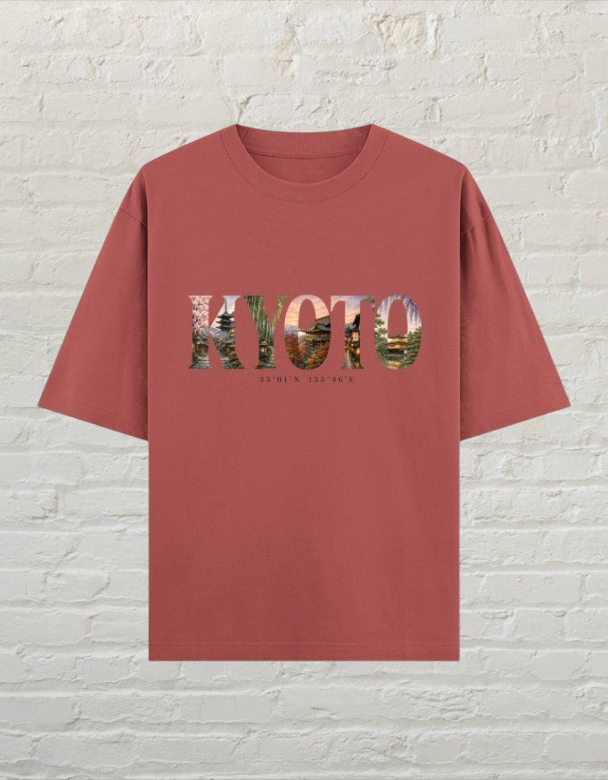 CoreTeez unisex oversized cotton t-shirt in coral with a Kyoto Japan graphic print on the front