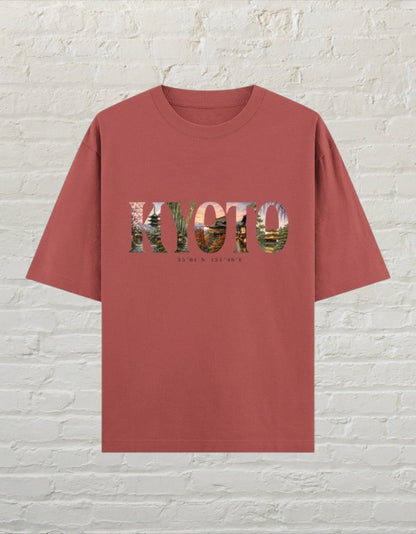 CoreTeez unisex oversized cotton t-shirt in coral with a Kyoto Japan graphic print on the front