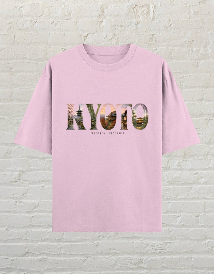 CoreTeez light baby pink oversized cotton unisex t-shirt featuring a Kyoto graphic print with Japanese temple imagery.