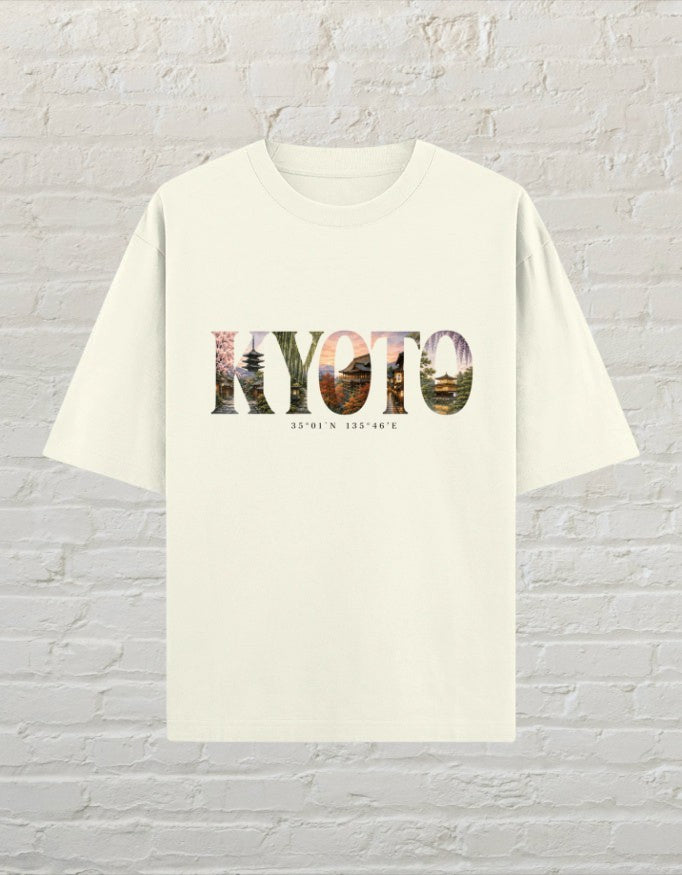 CoreTeez unisex oversized off white cotton t-shirt featuring a Kyoto graphic print with Japanese temple scenery