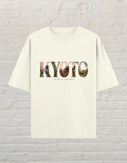CoreTeez unisex oversized off white cotton t-shirt featuring a Kyoto graphic print with Japanese temple scenery