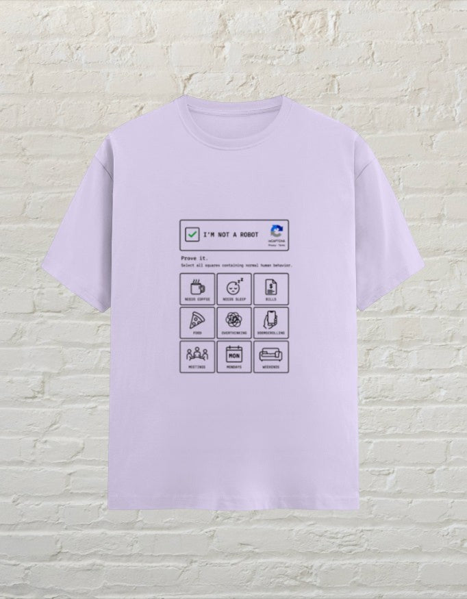 CoreTeez unisex lavender cotton t-shirt featuring a funny I'm Not A Robot graphic print 
