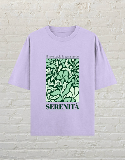 CoreTeez unisex oversized cotton t-shirt in lavender with a botanical graphic print and Italian text.