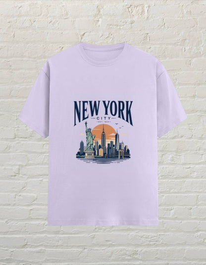 CoreTeez unisex lavender cotton crew neck t-shirt featuring a New York City skyline graphic print