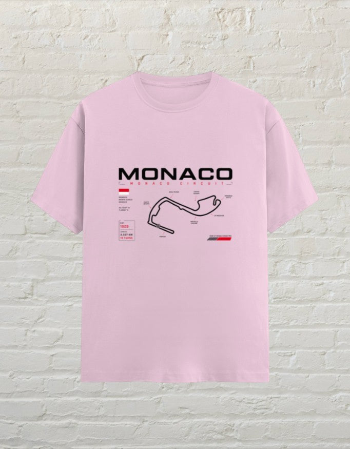 CoreTeez light baby pink unisex cotton t-shirt featuring a Monaco circuit racing map graphic on the front