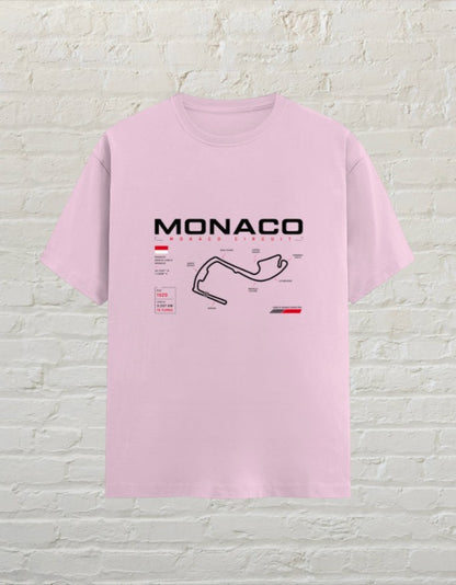 CoreTeez light baby pink unisex cotton t-shirt featuring a Monaco circuit racing map graphic on the front