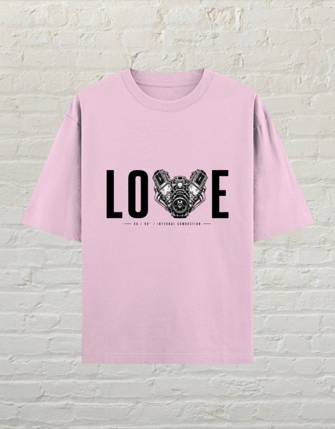CoreTeez light baby pink oversized cotton t-shirt featuring a V8 engine graphic with the word LOVE