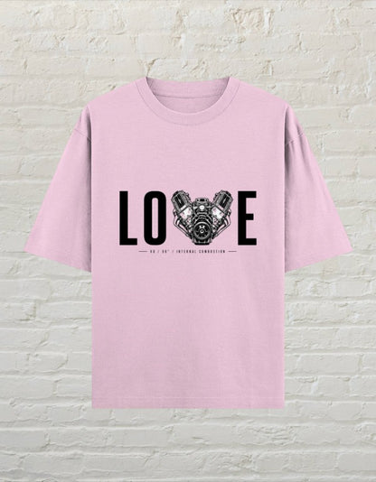 CoreTeez light baby pink oversized cotton t-shirt featuring a V8 engine graphic with the word LOVE