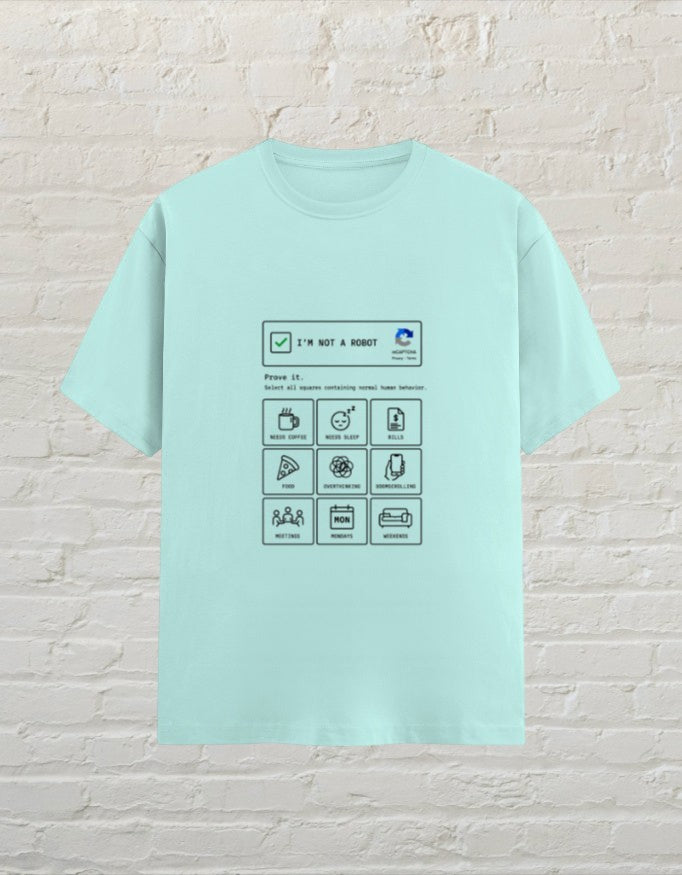 CoreTeez unisex mint cotton graphic t-shirt featuring a funny I am not a robot human behavior checklist print.