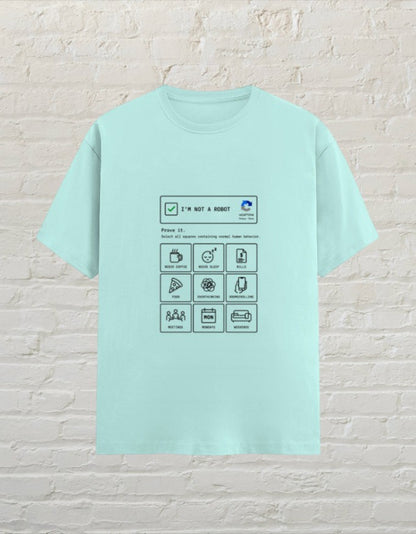 CoreTeez unisex mint cotton graphic t-shirt featuring a funny I am not a robot human behavior checklist print.
