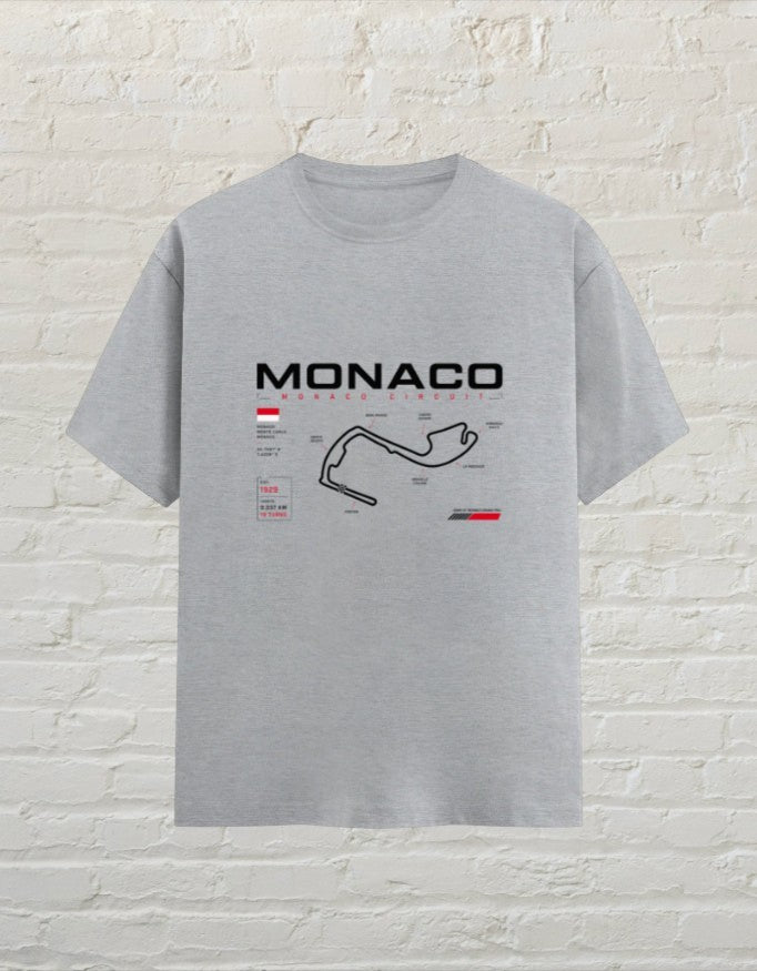 CoreTeez grey melange unisex cotton t-shirt featuring a Monaco circuit racing map graphic on the front.