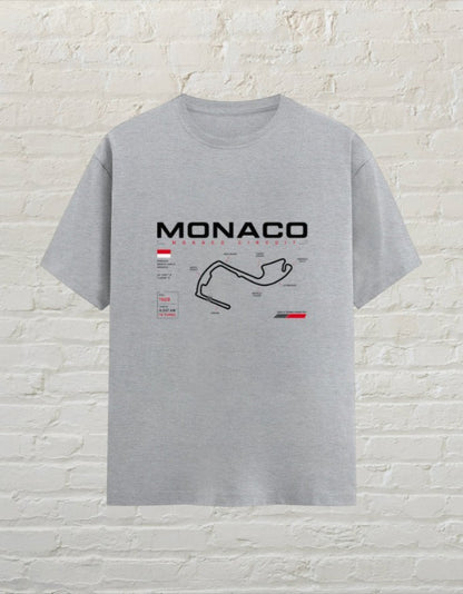 CoreTeez grey melange unisex cotton t-shirt featuring a Monaco circuit racing map graphic on the front.