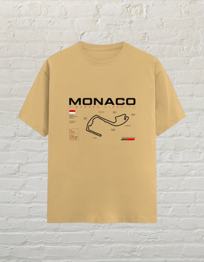 CoreTeez unisex cotton t-shirt in beige featuring a Monaco circuit map graphic for motorsport fans