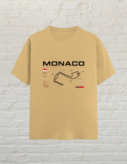 CoreTeez unisex cotton t-shirt in beige featuring a Monaco circuit map graphic for motorsport fans