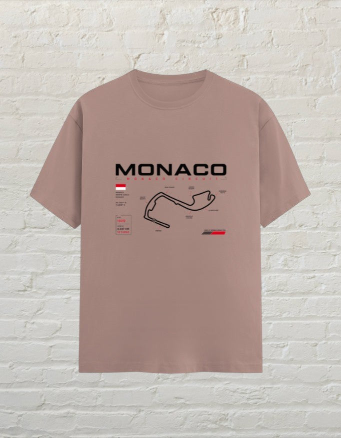 CoreTeez unisex cotton t-shirt in mushroom featuring a Monaco circuit racing map graphic on the front.