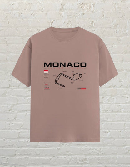 CoreTeez unisex cotton t-shirt in mushroom featuring a Monaco circuit racing map graphic on the front.