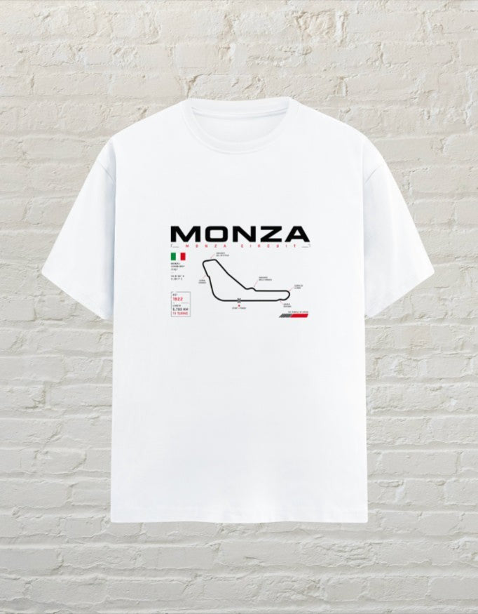 CoreTeez white unisex cotton t-shirt featuring a Monza circuit track graphic and Italian motorsport details.
