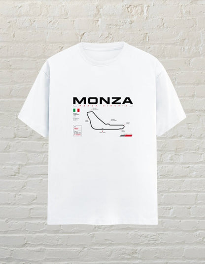CoreTeez white unisex cotton t-shirt featuring a Monza circuit track graphic and Italian motorsport details.