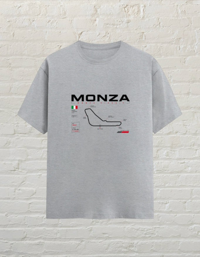 CoreTeez grey melange unisex cotton t-shirt featuring a Monza circuit graphic print