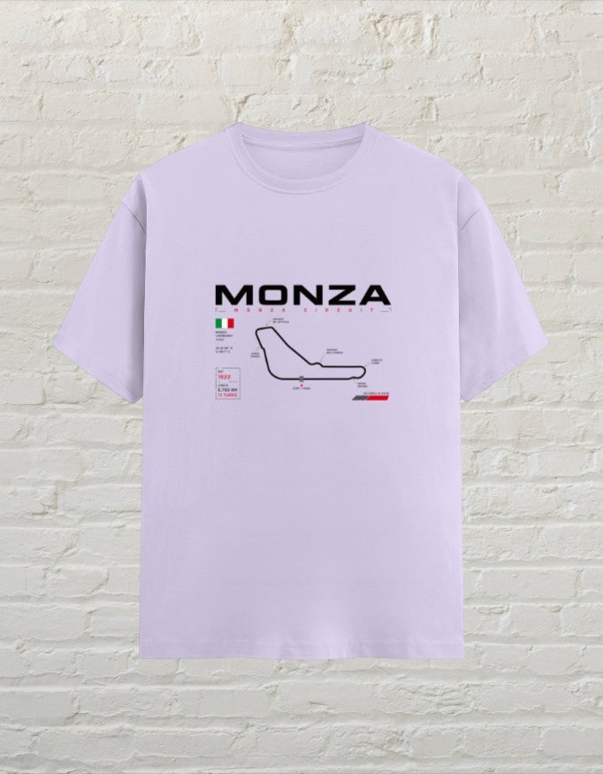 CoreTeez unisex lavender cotton t-shirt featuring a Monza circuit racing graphic print on the front.