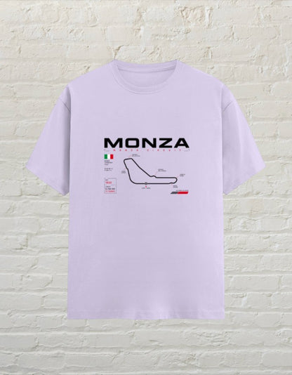CoreTeez unisex lavender cotton t-shirt featuring a Monza circuit racing graphic print on the front.