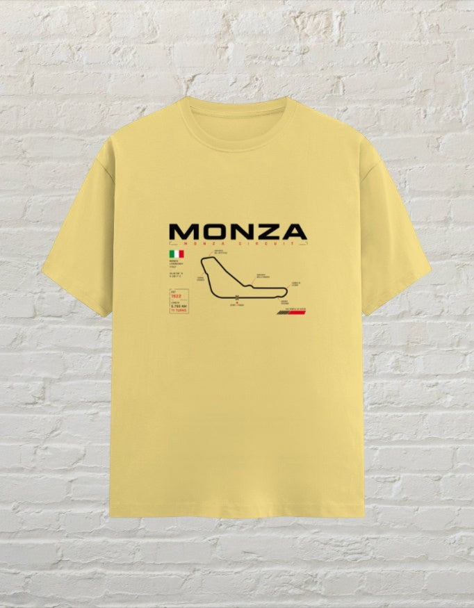 CoreTeez yellow unisex cotton t-shirt featuring a Monza circuit graphic print on the chest
