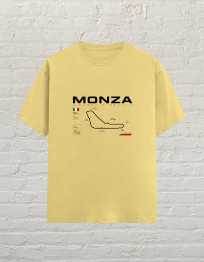 CoreTeez yellow unisex cotton t-shirt featuring a Monza circuit graphic print on the chest