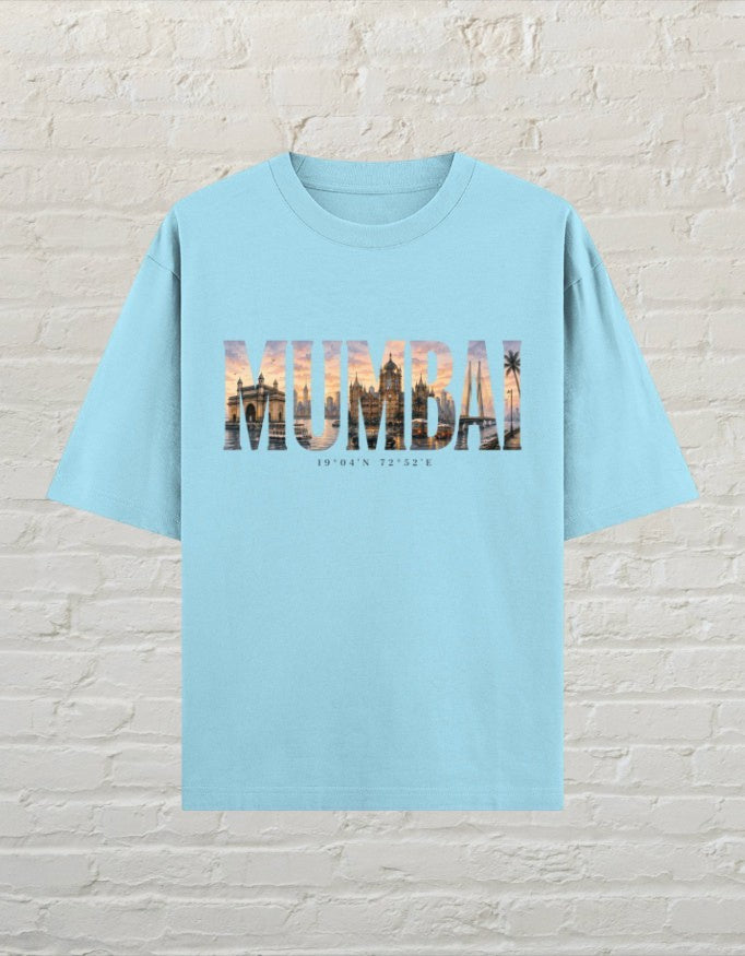 Mumbai travel graphic unisex oversized T-shirt with artistic city typography and sunset-inspired artwork Baby Blue