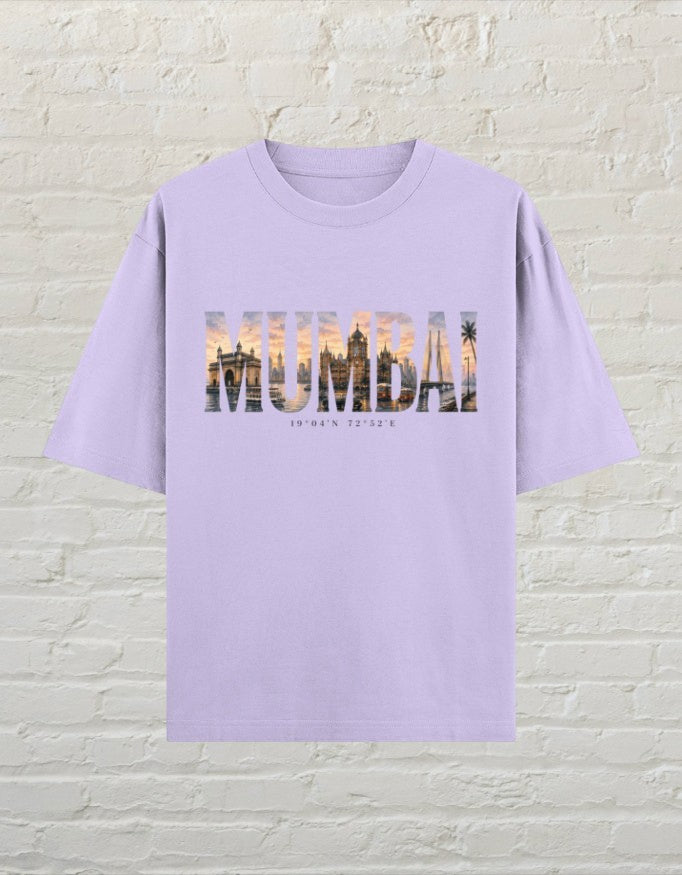 Mumbai travel graphic unisex oversized T-shirt with artistic city typography and sunset-inspired artwork Lavender