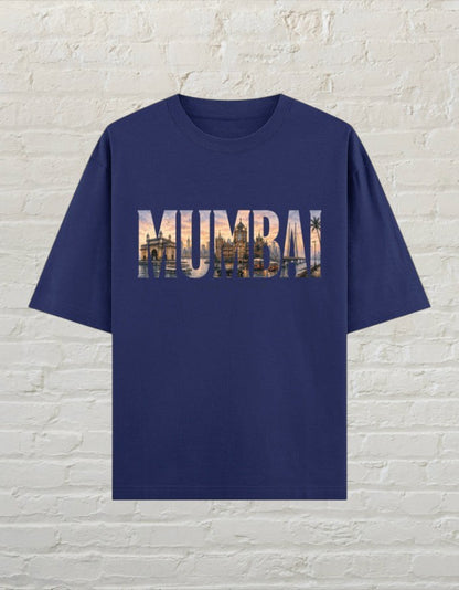 Mumbai travel graphic unisex oversized T-shirt with artistic city typography and sunset-inspired artwork Royal Blue