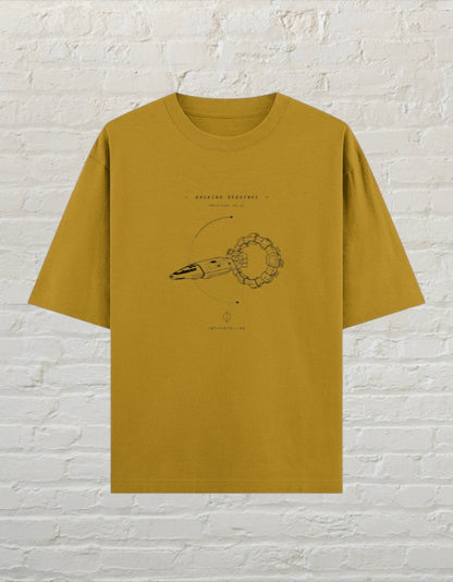 CoreTeez mustard yellow oversized cotton t-shirt featuring a Interstellar docking sequence graphic print