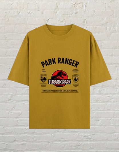 CoreTeez mustard yellow oversized cotton t-shirt featuring a black Jurassic Park Park Ranger graphic print